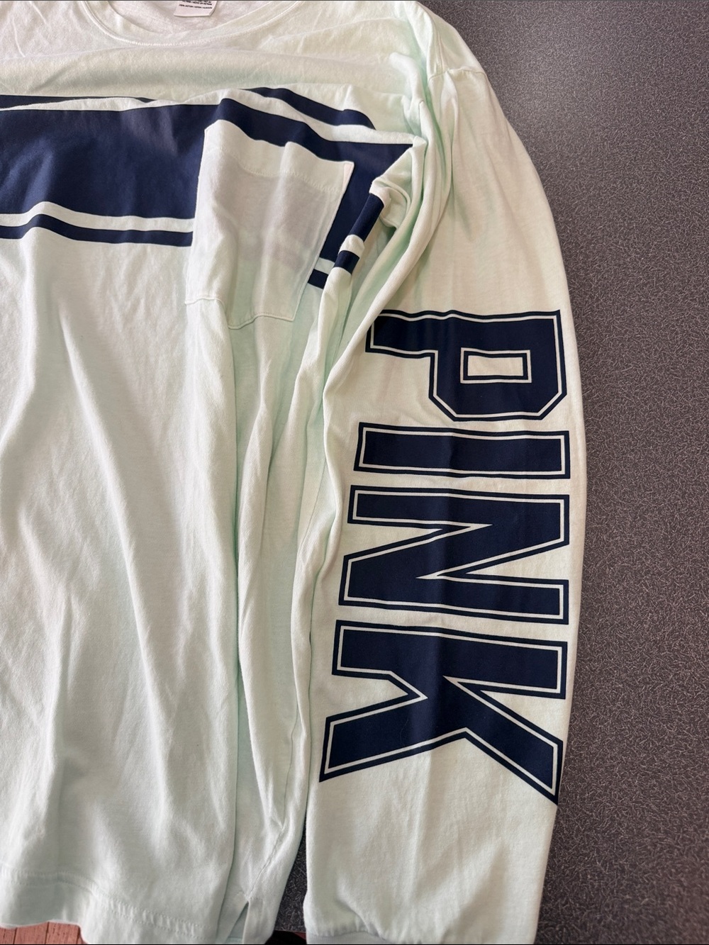 PINK Victoria's Secret Light Mint Long-Sleeve Tee with Navy Graphic - Picture 4 of 4